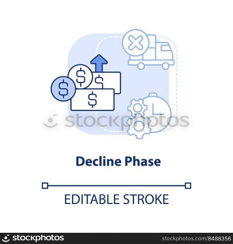 Decline phase light blue concept icon. Reduce of consumption. Product lifecycle stage abstract idea thin line illustration. Isolated outline drawing. Editable stroke. Arial, Myriad Pro-Bold fonts used. Decline phase light blue concept icon