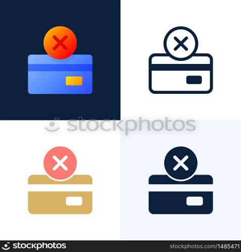 Declined payment Credit card vector stock icon set. Concept of unsuccessful bank payment transaction. The back side of the card with the cancellation mark is a cross
