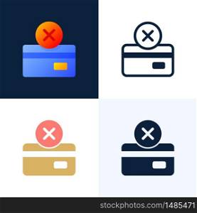 Declined payment Credit card vector stock icon set. Concept of unsuccessful bank payment transaction. The back side of the card with the cancellation mark is a cross