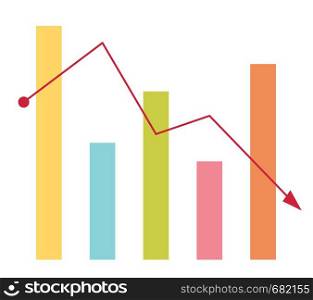 Declining bar chart with arrow going down vector cartoon illustration isolated on white background.. Declining bar chart with arrow going down.