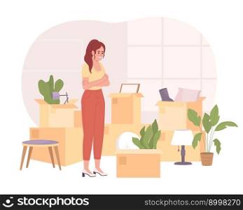 Decluttering and organizing boxes before moving 2D vector isolated spot illustration. Smiling woman flat character on cartoon background. Colorful editable scene for mobile, website, magazine. Decluttering and organizing boxes before moving 2D vector isolated spot illustration