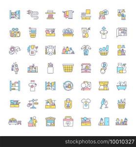 Decluttering and tidying in house RGB color icons set. Cleaning rooms. Organization things in wardrobes and cabinets. Spring-cleaning and freeing up storage space. Isolated vector illustrations. Decluttering and tidying in house RGB color icons set