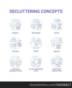 Decluttering blue gradient concept icons set. Donate and recycle idea thin line RGB color illustrations. Leave necessary and favourite things in house. Vector isolated outline drawings. Decluttering blue gradient concept icons set