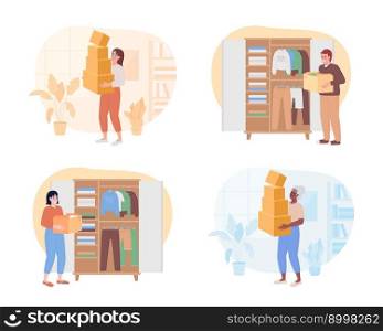 Decluttering clothes in wardrobe 2D vector isolated spot illustration set. People with cardboard boxes flat characters on cartoon background. Colorful editable scene pack for mobile, website, magazine. Decluttering clothes in wardrobe 2D vector isolated spot illustration set