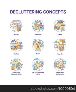 Decluttering concept icons set. Donate and recycle idea thin line RGB color illustrations. House and apartment. Leave necessary things. Vector isolated outline drawings. Editable stroke. Decluttering concept icons set