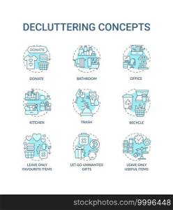 Decluttering concept icons set. Trash and recycling idea thin line RGB color illustrations. Letting go unwanted presents. Donation. Vector isolated outline drawings. Editable stroke. Decluttering concept icons set