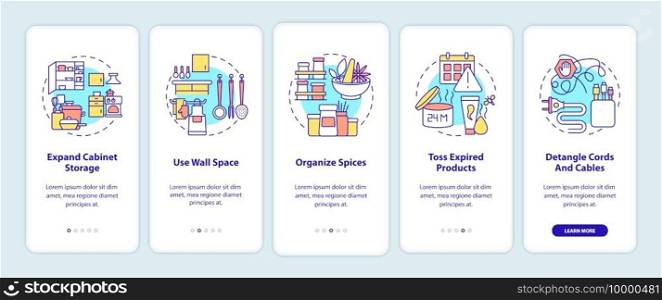 Decluttering tips onboarding mobile app page screen with concepts. Clutter to pile up in home walkthrough 5 steps graphic instructions. UI vector template with RGB color illustrations. Decluttering tips onboarding mobile app page screen with concepts