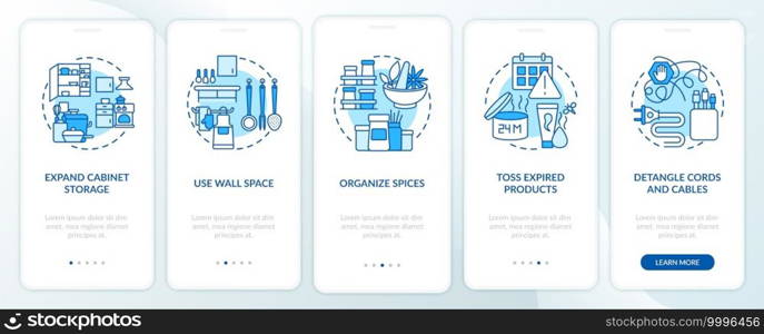 Decluttering tips onboarding mobile app page screen with concepts. Organising spices and dishes walkthrough 5 steps graphic instructions. UI vector template with RGB color illustrations. Decluttering tips onboarding mobile app page screen with concepts