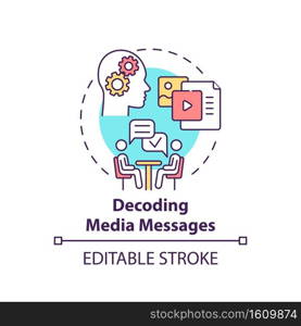 Decoding media messages concept icon. Media literacy elements idea thin line illustration. Analyzing and evaluating messages. Vector isolated outline RGB color drawing. Editable stroke. Decoding media messages concept icon