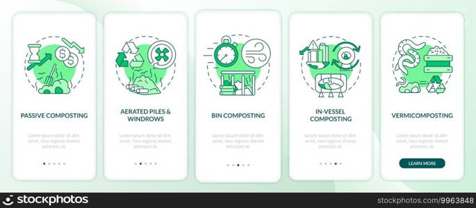Decomposition onboarding mobile app page screen with concepts. Passive, bin, in-vessel composting walkthrough 5 steps graphic instructions. UI vector template with RGB color illustrations. Decomposition onboarding mobile app page screen with concepts