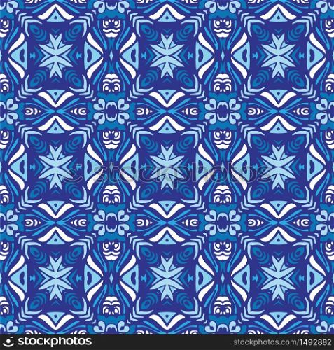 Decor tile texture print mosaic oriental pattern with blue ornament arabesque. Geometric blue and white azulejo ceramic design. Blue abstract geometric mosaic vintage seamless pattern ornamental.