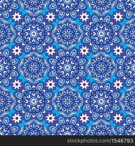 Decor tile texture print mosaic oriental pattern with blue ornament arabesque. Geometric blue and white ceramic design. Geometric seamless tiles vector design surface background blue and white ornament