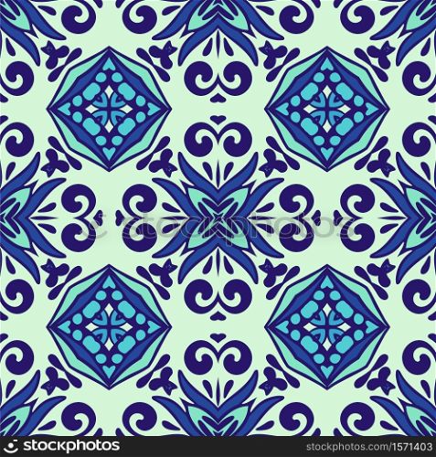 Decor tile texture print mosaic oriental pattern with blue ornament arabesque. Geometric blue and white ceramic design. Damask seamless tiles vector design. Blue and white ceramics azulejo mosaic design with cross decoration