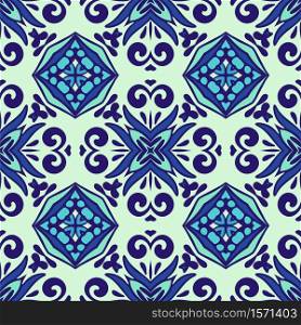 Decor tile texture print mosaic oriental pattern with blue ornament arabesque. Geometric blue and white ceramic design. Damask seamless tiles vector design. Blue and white ceramics azulejo mosaic design with cross decoration
