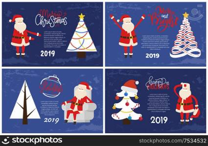 Decorated and abstract spruces, holiday adventures vector postcards. Merry Christmas and Happy New Year 2019 greeting cards Santa Claus and Xmas tree.. Decorated Abstract Spruces Holiday Greeting Vector