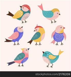 Decorated birds. Trendy stylized colored flying birds with folk and botanical graphics authentic decor recent vector flat pictures set. Bird folk traditional, colored sparrow illustration. Decorated birds. Trendy stylized colored flying birds with folk and botanical graphics authentic decor recent vector flat pictures set