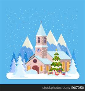 Decorated building for new year eve, church with lights and with fir tree prepared for christmas celebration. New year and xmas celebration. Vector illustration flat style. Decorated building for new year eve