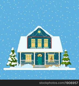 Decorated building for new year eve, home with lights and with fir tree prepared for christmas celebration. New year and xmas celebration. Vector illustration flat style. Decorated building for new year eve