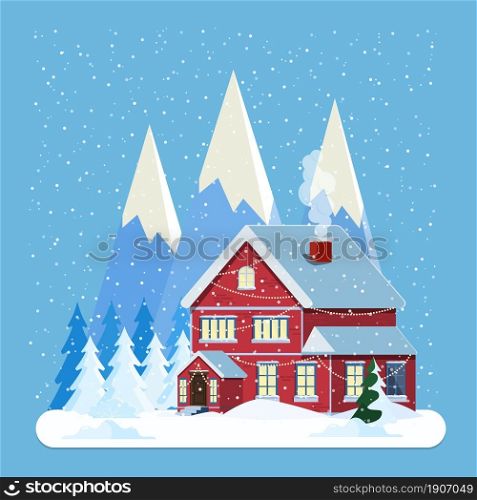 Decorated building for new year eve, home with lights and with fir tree prepared for christmas celebration. New year and xmas celebration. Vector illustration flat style. Decorated building for new year eve