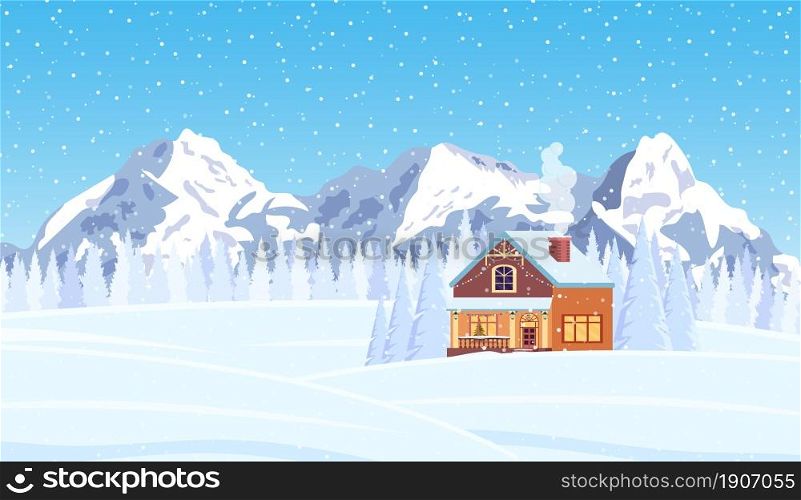 Decorated building for new year eve, home with lights and with fir tree prepared for christmas celebration. New year and xmas celebration. Vector illustration flat style. Decorated building for new year eve