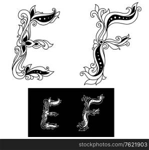 Decorated capital letters E and F in retro floral style