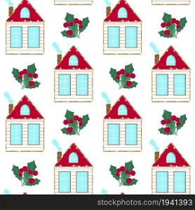 Decorated Christmas houses with holly and berries seamless pattern. Background with midi houses. Template for fabric, packaging and wallpaper, vector illustration.. Decorated Christmas houses with holly and berries seamless pattern.
