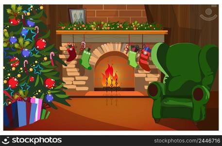 Decorated Christmas interior with fir-tree, fireplace and socks. Room with decorated fir-tree and gifts vector illustration. Christmas Eve concept. For websites, wallpapers, posters or banners.