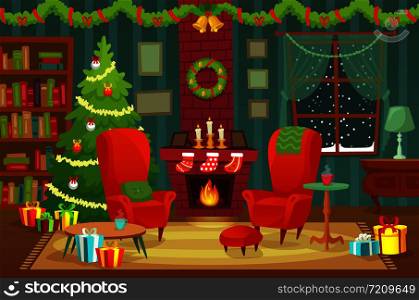 Decorated christmas room. Winter holiday interior decorations, armchair near fireplace and xmas tree with gifts, new year holidays cozy house with flames chimney. 2019 vector background illustration. Decorated christmas room. Winter holiday interior decorations, armchair near fireplace and xmas tree vector background illustration