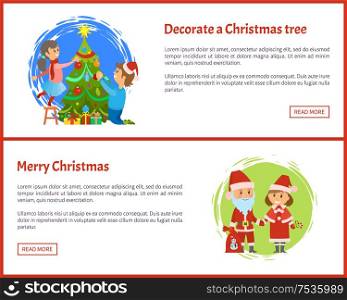 Decorated Christmas tree and Merry Christmas web site pages, Santa Claus and Snow maiden, helper in traditional costumes vector. Winter holidays characters. Decorated Christmas Tree, Merry Christmas Web Site