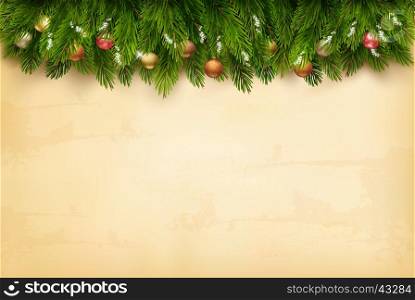Decorated Christmas tree branches on a old paper background. Vector.