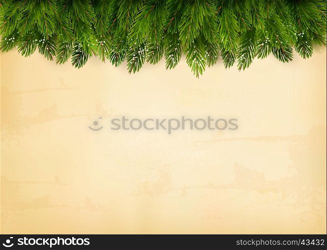 Decorated Christmas tree branches on a old paper background. Vector.