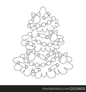 Decorated christmas tree. Coloring book page for kids. Cartoon style character. Vector illustration isolated on white background.