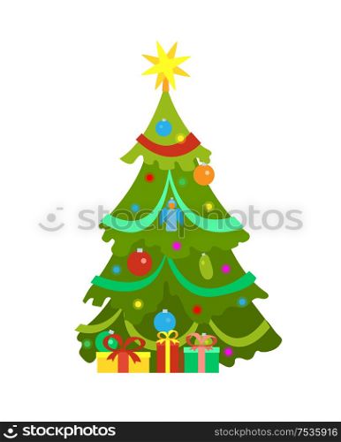 Decorated Christmas tree vector icon isolated on white. Spruce with New Year garlands, balls and cones, angel toy. Gift boxes in wrapping paper beneath. Decorated Christmas Tree Vector Icon Isolated