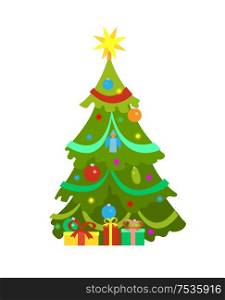 Decorated Christmas tree vector icon isolated on white. Spruce with New Year garlands, balls and cones, angel toy. Gift boxes in wrapping paper beneath. Decorated Christmas Tree Vector Icon Isolated