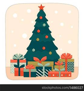 Decorated Christmas tree with gift boxes under it. Linear flat vector illustration
