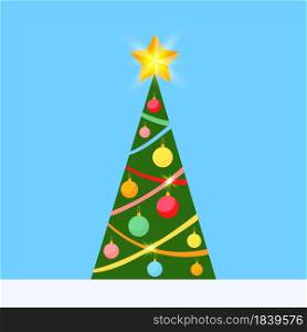 Decorated Christmas Tree with Lights, Garland, Star. Beautiful Xmas Artwork in Flat Style. Vector illustration.
