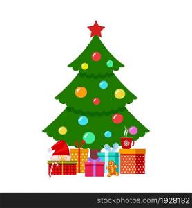 Decorated christmas tree. Xmas fir and presents, new year gift boxes. Holiday shopping, seasonal winter festive. Isolated decorations exact vector elements. Fir tree christmas with garland. Decorated christmas tree. Xmas fir and presents, new year gift boxes. Holiday shopping, seasonal winter festive. Isolated decorations exact vector elements