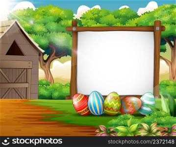 Decorated Easter eggs and board blank sign in a farm background
