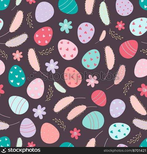 Decorated Easter eggs seamless pattern. Easter background. Design for textiles, packaging, wrappers, greeting cards, paper, printing. Vector illustration. Decorated Easter eggs seamless pattern