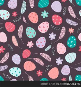 Decorated Easter eggs seamless pattern. Easter background. Design for textiles, packaging, wrappers, greeting cards, paper, printing. Vector illustration. Decorated Easter eggs pattern. Easter background.
