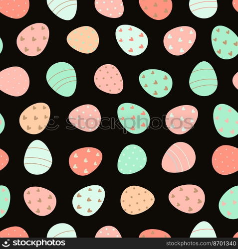 Decorated Easter eggs seamless pattern. Easter eggs background. Design for textiles, packaging, wrappers, greeting cards, paper, printing. Vector illustration. Easter eggs seamless pattern. Easter pattern. 