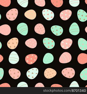 Decorated Easter eggs seamless pattern. Easter eggs background. Design for textiles, packaging, wrappers, greeting cards, paper, printing. Vector illustration. Easter eggs seamless pattern. Easter pattern. 