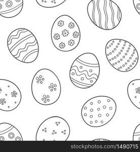 Decorated eggs as a symbol of the great Easter. Seamless pattern in doodle style on white background. Hand drawn vector illustration. Decorated eggs as a symbol of the great Easter. Seamless pattern in doodle style. Hand drawn vector illustration