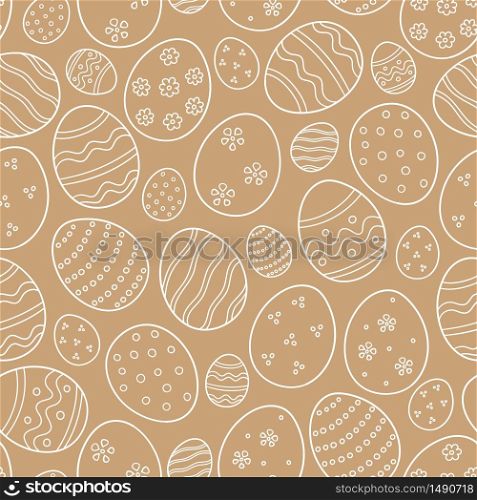 Decorated eggs as a symbol of the great Easter. Seamless pattern in doodle style on gold background. Hand drawn vector illustration. Decorated eggs as a symbol of the great Easter. Seamless pattern in doodle style on gold background. Vector illustration