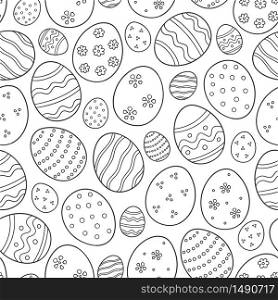 Decorated eggs as a symbol of the great Easter. Seamless pattern in doodle style. Black and white hand drawn vector illustration. Decorated eggs as a symbol of the great Easter. Seamless pattern in doodle style. Black and white vector illustration