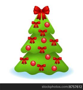 Decorated holiday tree isolated on white. Green pine or fir tree decorated balls and bows isolated on white background. Merry Christmas and Happy New Year. Vector illustration.. Decorated holiday tree isolated on white. 
