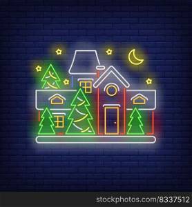 Decorated house in neon style. Glowing neon fir trees, garlands, building. New year, Christmas, winter. Vector illustration in neon style for greeting card, invitation, announcement
