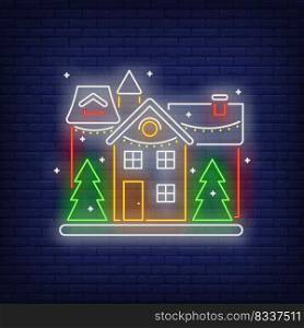 Decorated house neon sign. Glowing neon fir trees, garlands, building. New year, Christmas, winter. Vector illustration in neon style for greeting card, invitation, announcement
