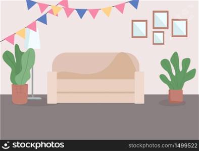 Decorated living room flat color vector illustration. Comfortable couch near wall. Festive decoration in home for holiday. Livingroom 2D cartoon interior with colorful banners on background