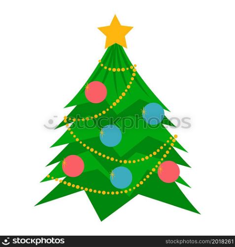 Decorated New Years or Christmas tree. Green Christmas tree with toys, garland and star isolated on white background. Cartoon holiday tree. Vector illustration.. Decorated New Years or Christmas tree.